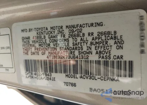 2003 Toyota Camry Le из США, поврежденный, VIN 4T1BE32K73U641312